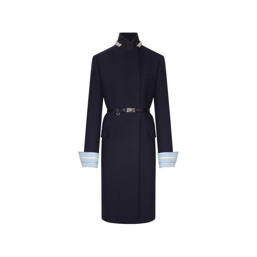 Prada Long Wool Coat With Belt And Jewel Collar
