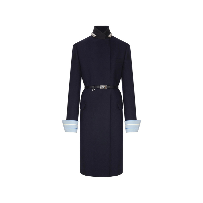 Prada Long Wool Coat With Belt And Jewel Collar