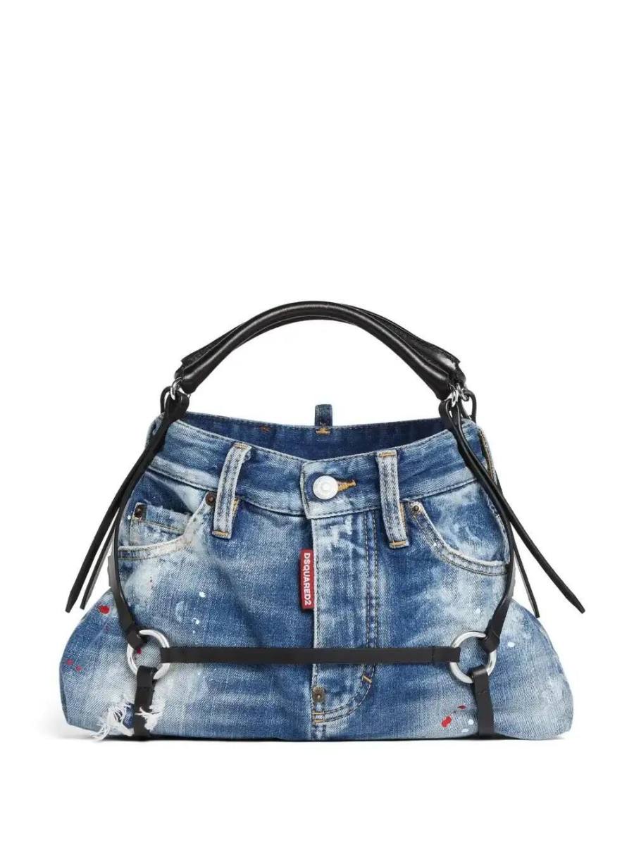 leather-trim denim tote bag
