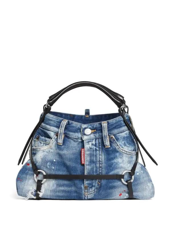 leather-trim denim tote bag