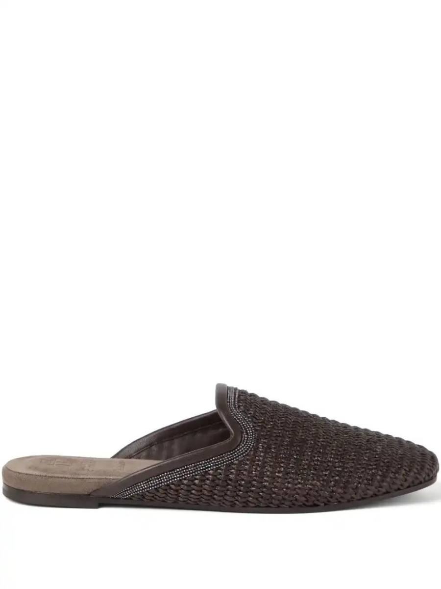 Monili-embellished raffia slippers