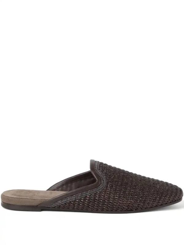 Monili-embellished raffia slippers