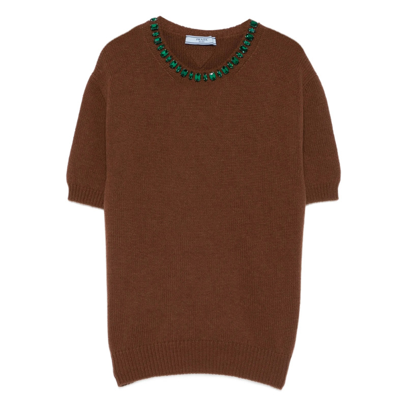 Prada Jewel Appliqued Ribbed Knit Sweater
