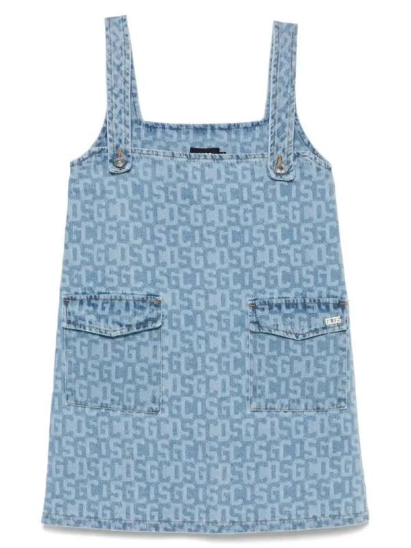 monogram-print denim mini dress