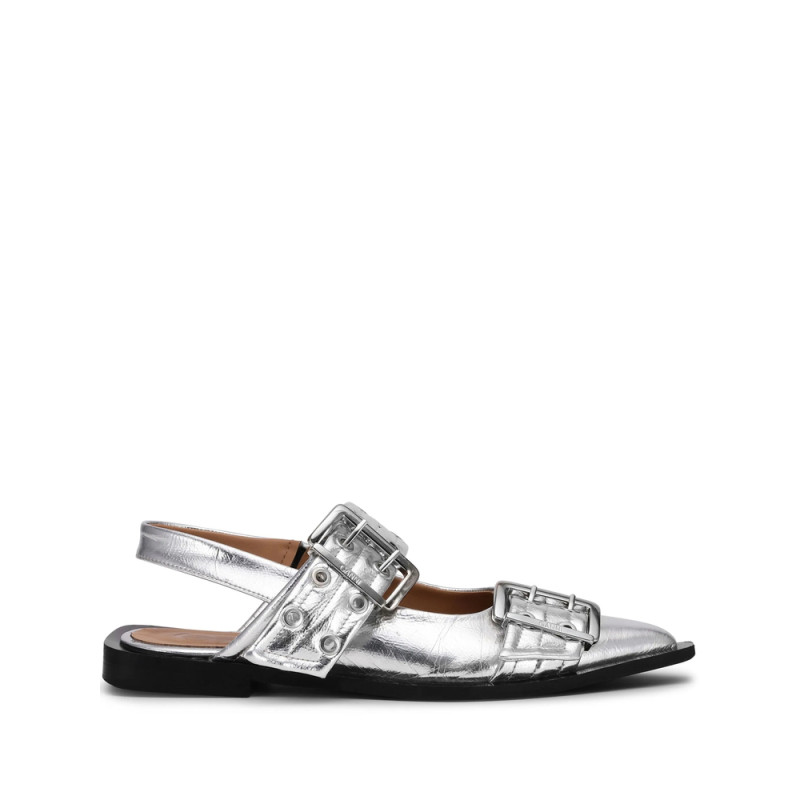 Ganni Double-buckled Metallic-effect Ballerina Shoes