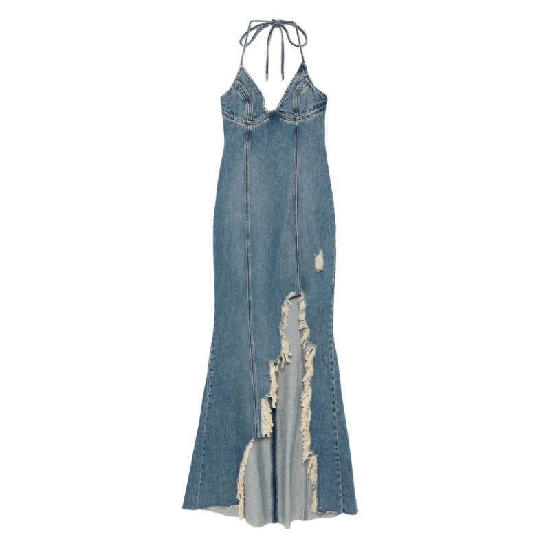 Blumarine Halter-neck Frayed-hem Denim Dress