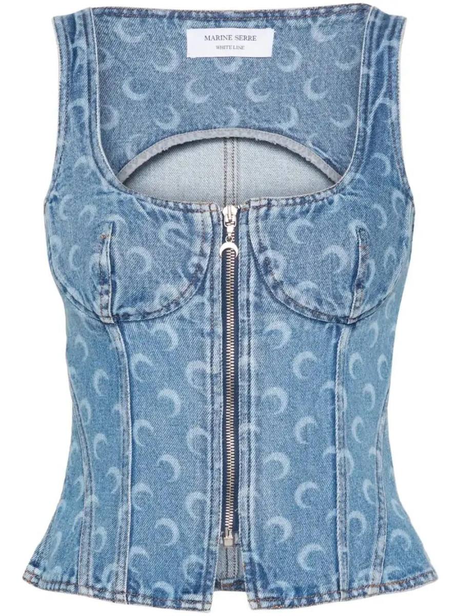 Crescent-Moon-Print denim top