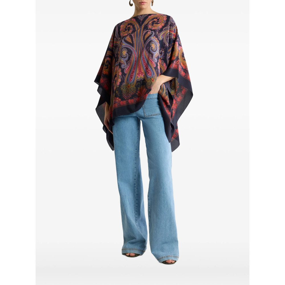 Etro Silk Poncho Top With Paisley Degradé Motif