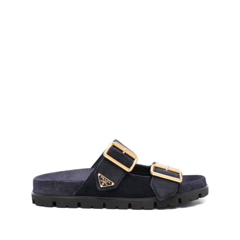 Prada Buckle Suede Slides