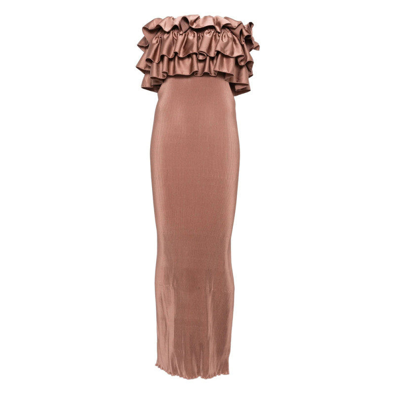 L'idee Pleated Ruffled Maxi Evening Dress