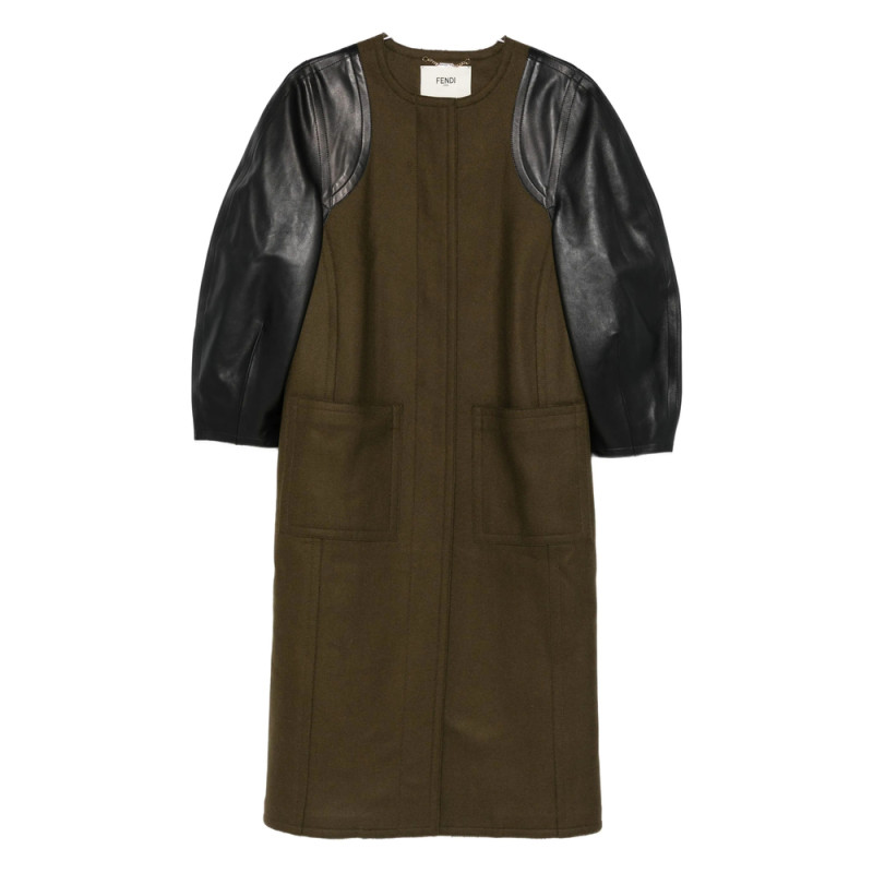 Fendi Leather-sleeves Wool Coat