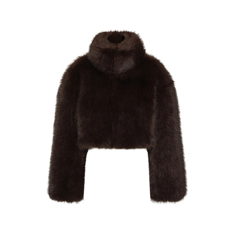 Rotate Faux-fur Cropped Jacket Dark Brown