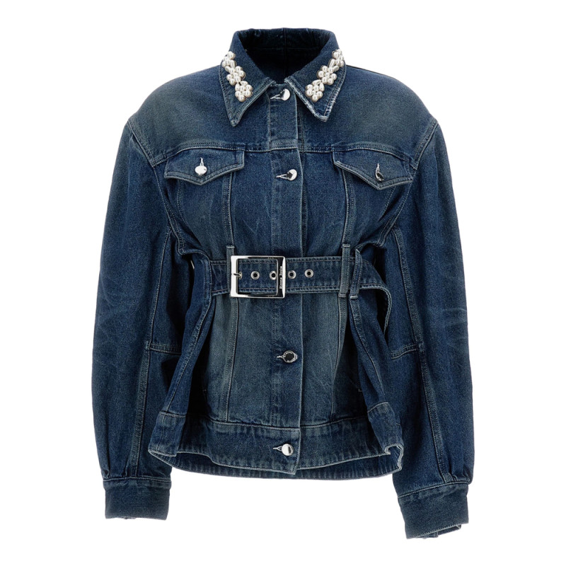 Simone Rocha Pearl-embellished Belted Denim Jacket