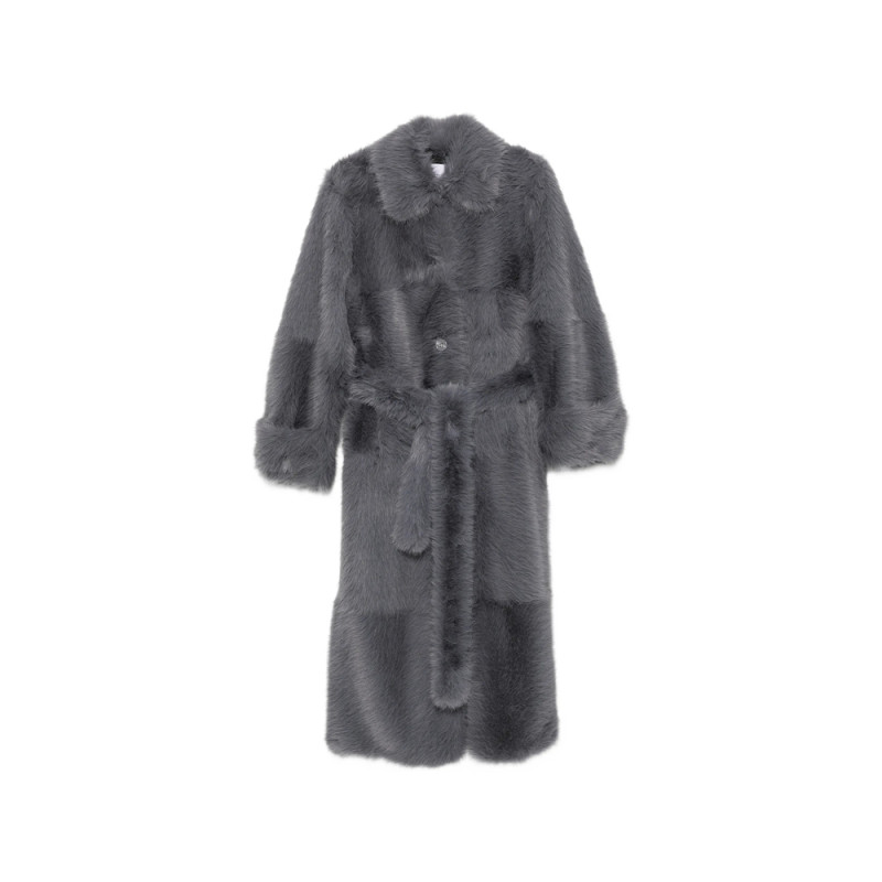 Stand Belted Faux-fur Coat
