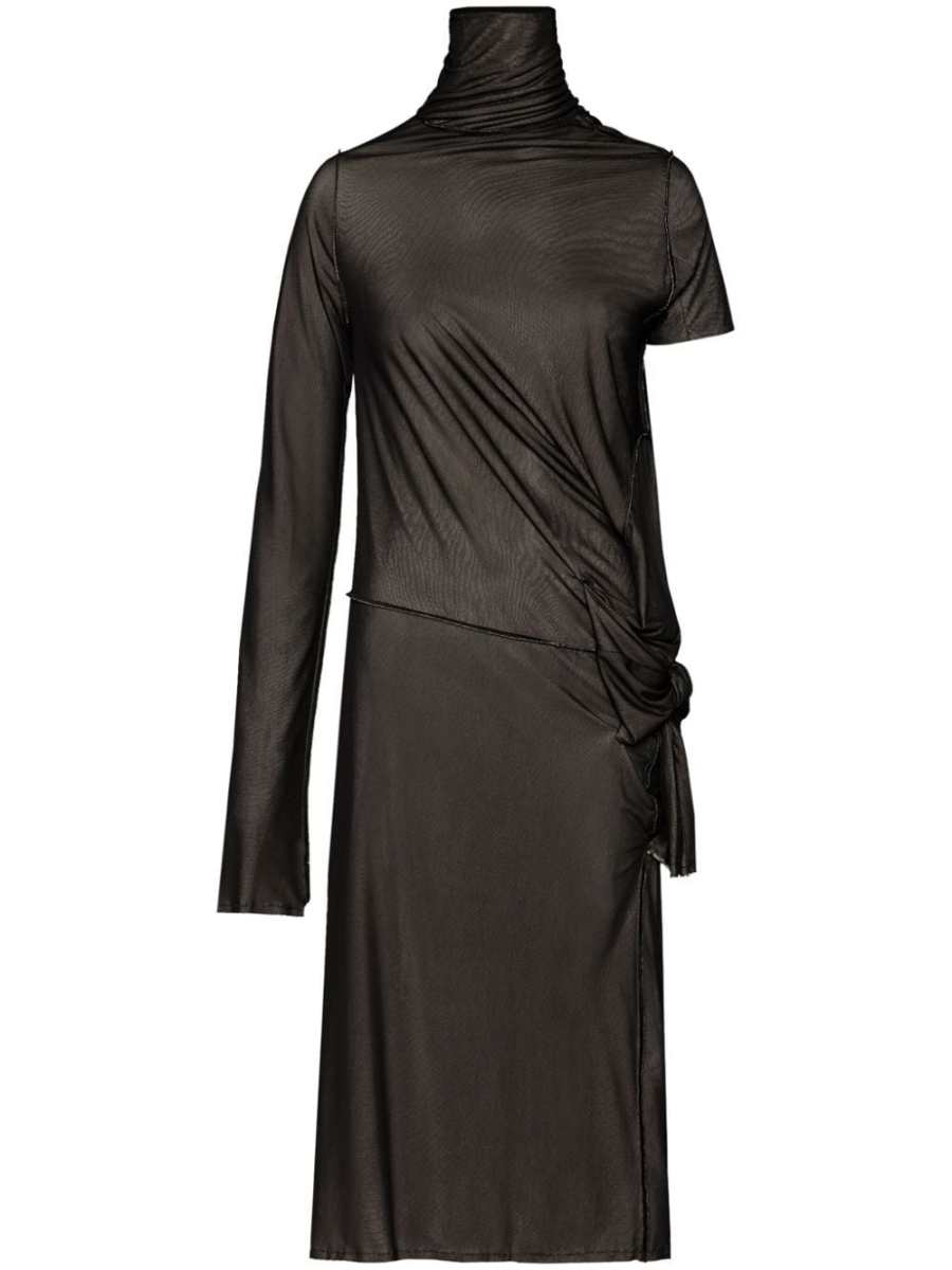 asymmetric ruched midi dress