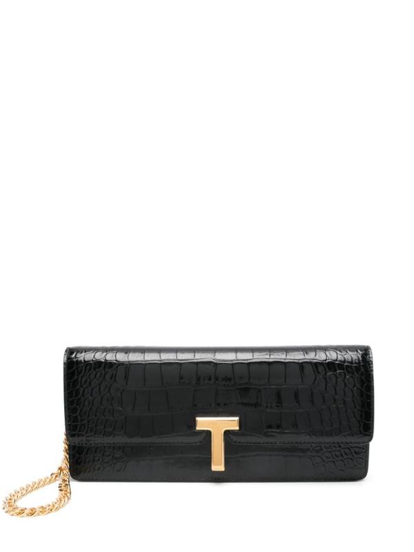 embossed crocodile-effect clutch bag