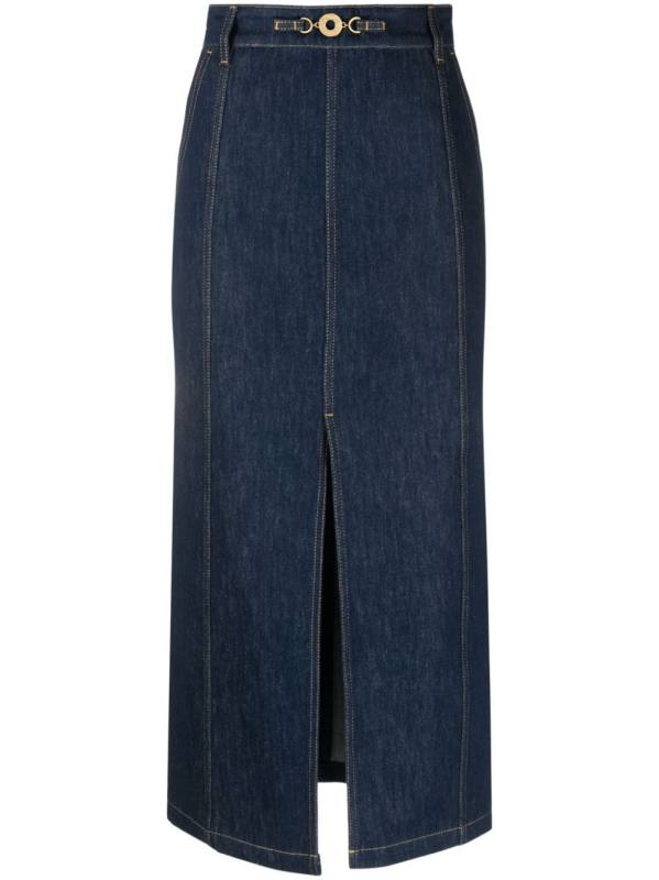 slit-detail organic-denim midi skirt