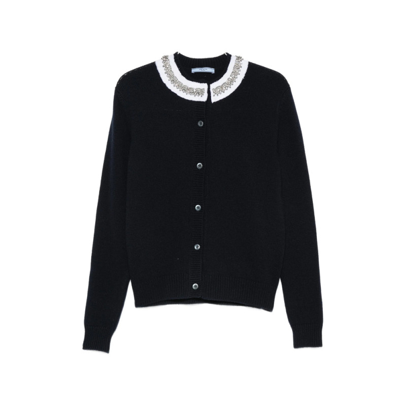 Prada Crystal-embellished Ruffled-collar Cardigan