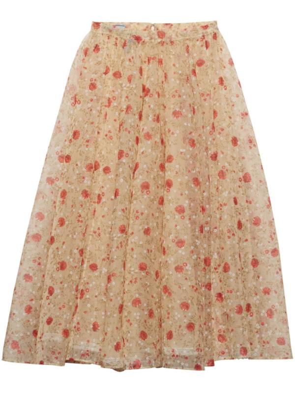 Printed nylonette midi skirt