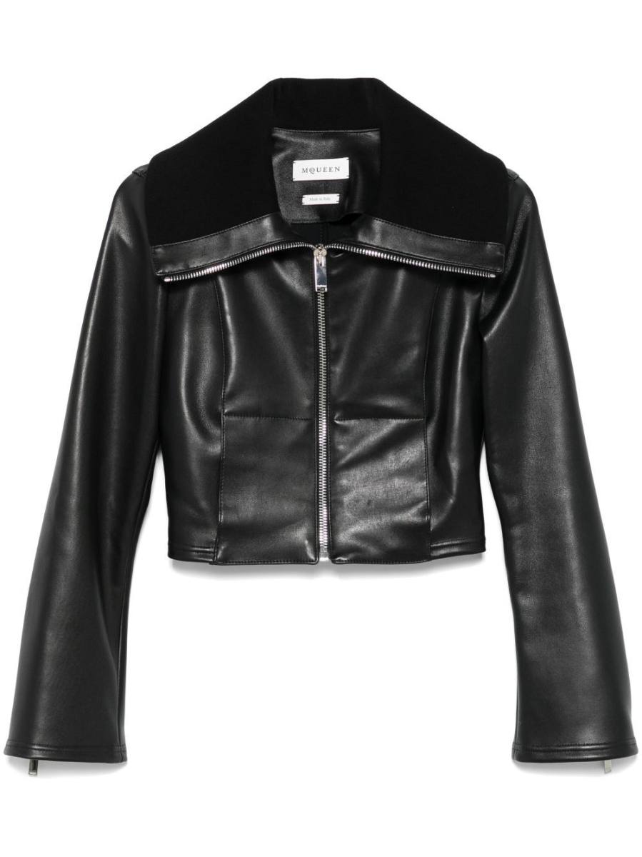 folded-collar leather jacket