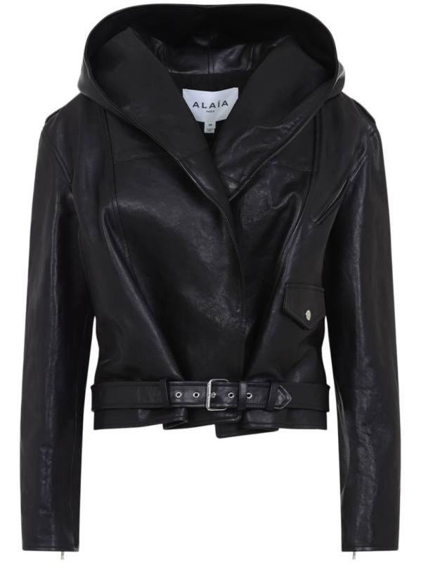 hooded leather biker jacket