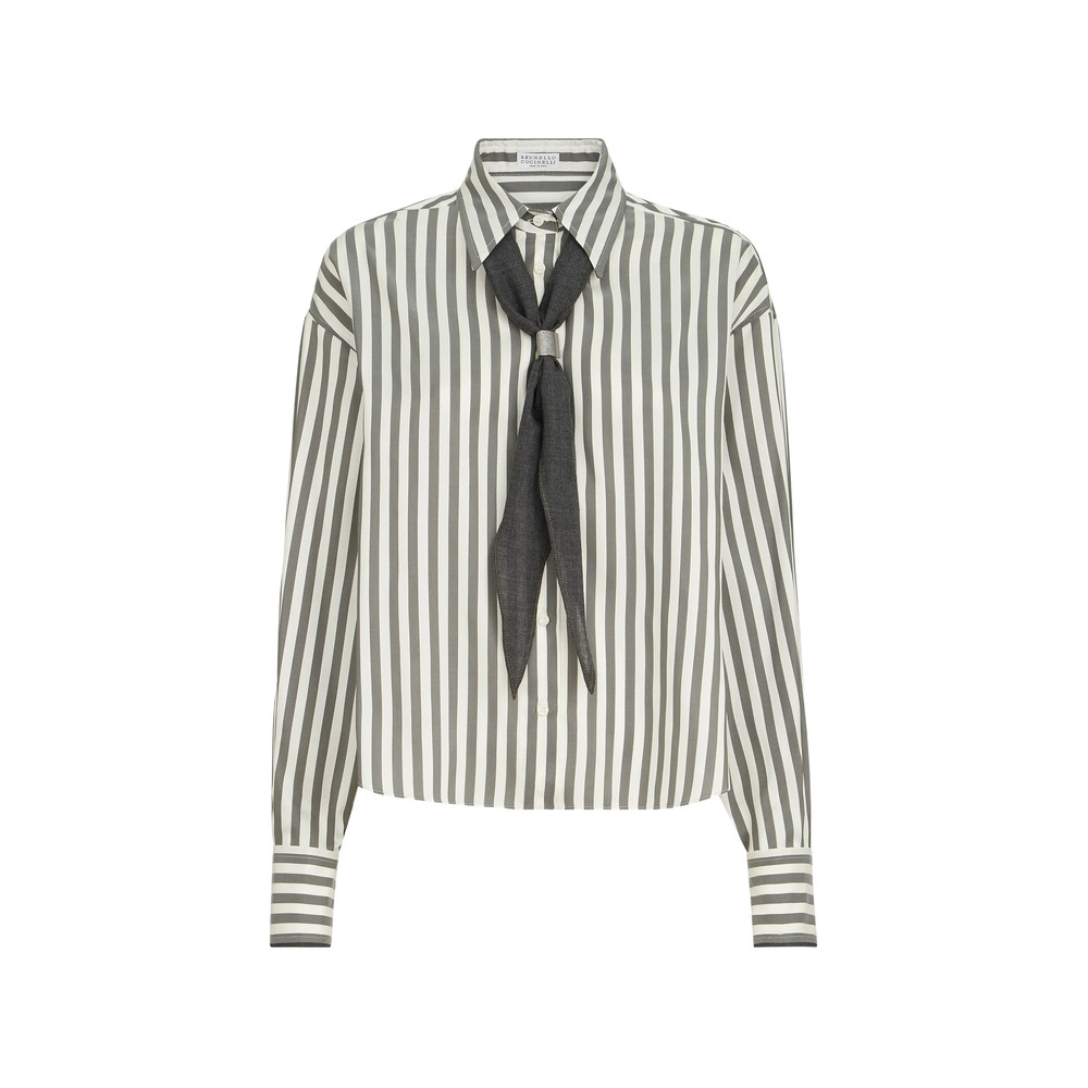 Brunello Cucinelli Striped Silk Poplin Shirt With Virgin Wool Foulard
