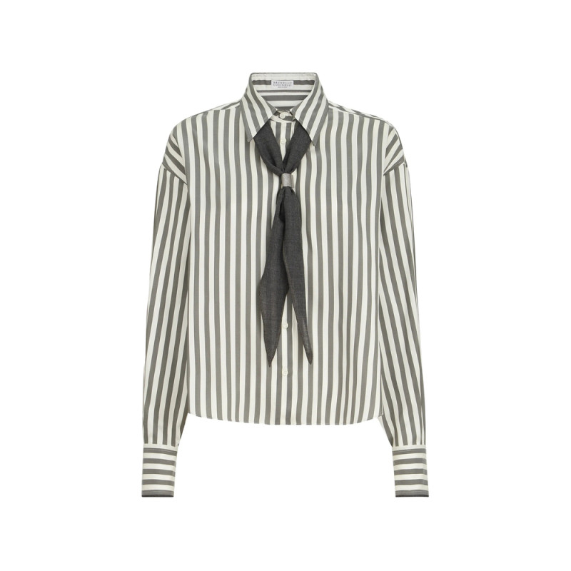 Brunello Cucinelli Striped Silk Poplin Shirt With Virgin Wool Foulard