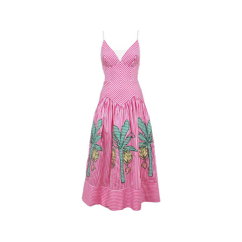 Farm Rio Palm Tree-embroidered Striped Midi Dress