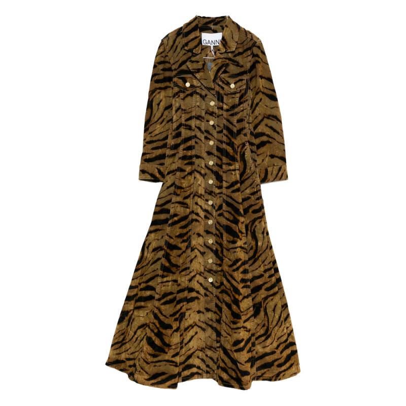Ganni Tiger-pattern Button-up Maxi Dress
