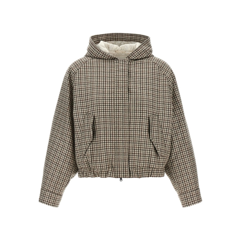 Brunello Cucinelli Shiny Zipper Pull Check-print Jacket