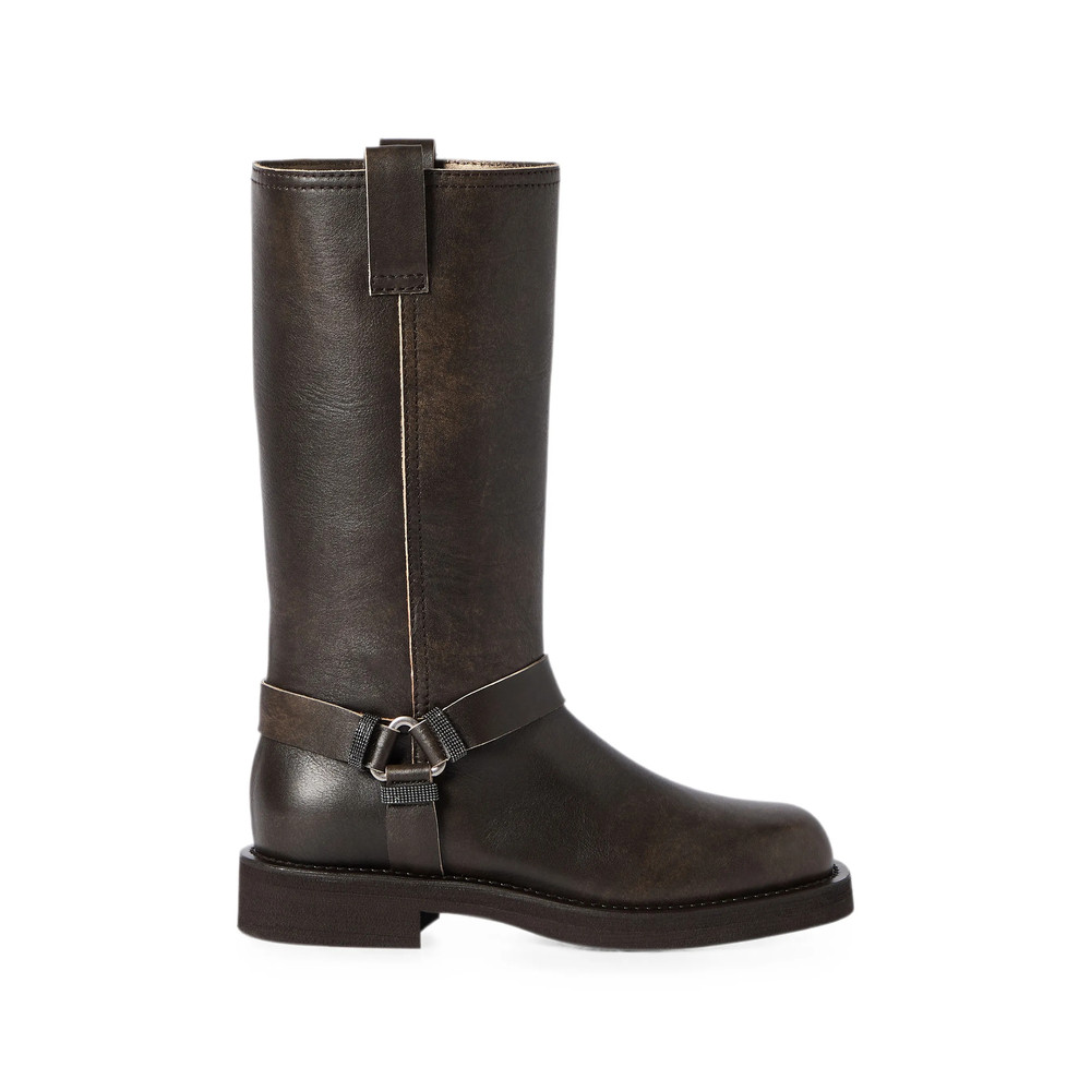 Brunello Cucinelli Leather Biker Boots With Shiny Loops