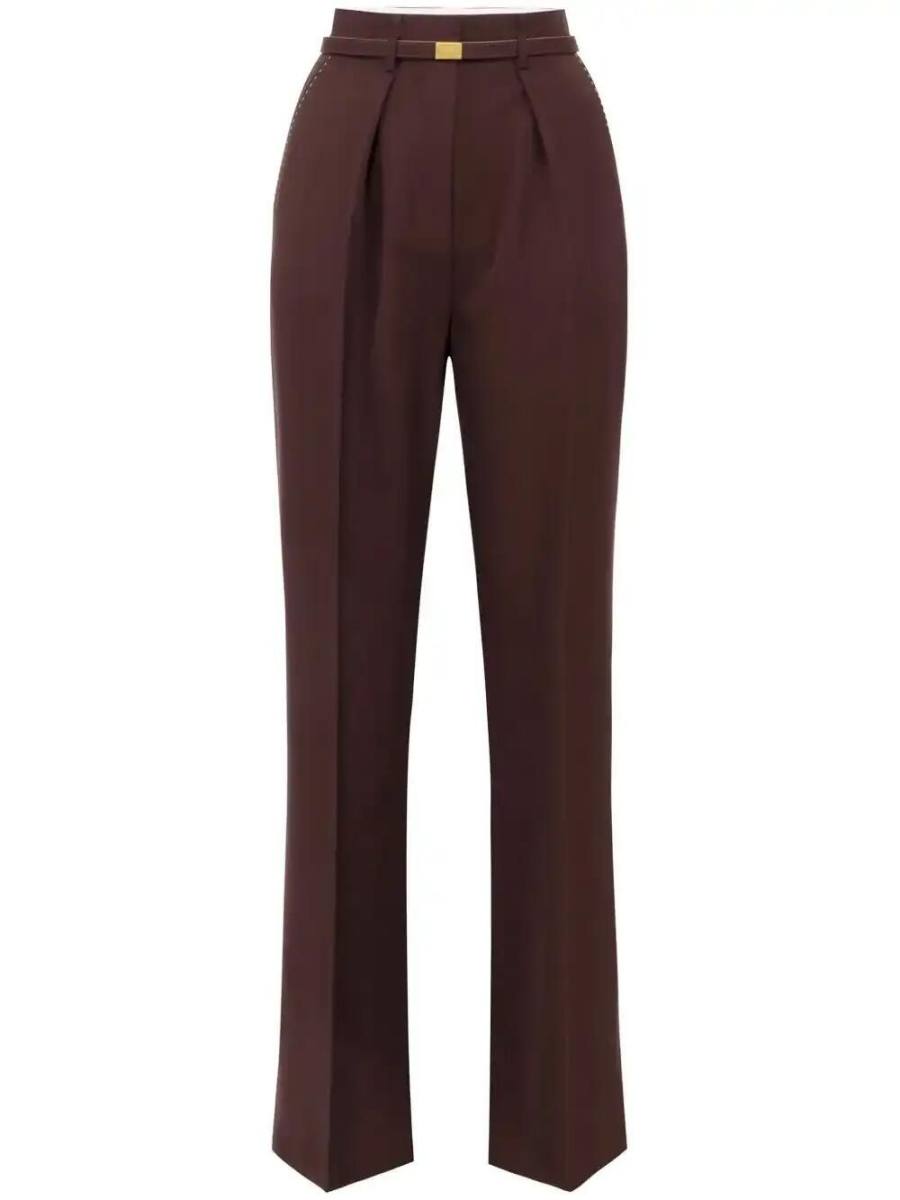 contrast-topstitching wool straight trousers