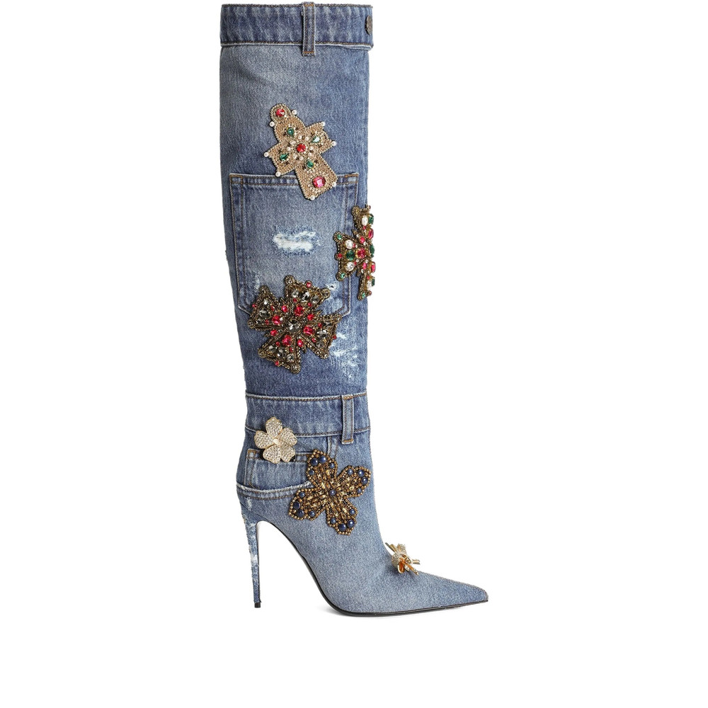 Dolce & Gabbana 105mm Embroidered Patchwork Denim Boots