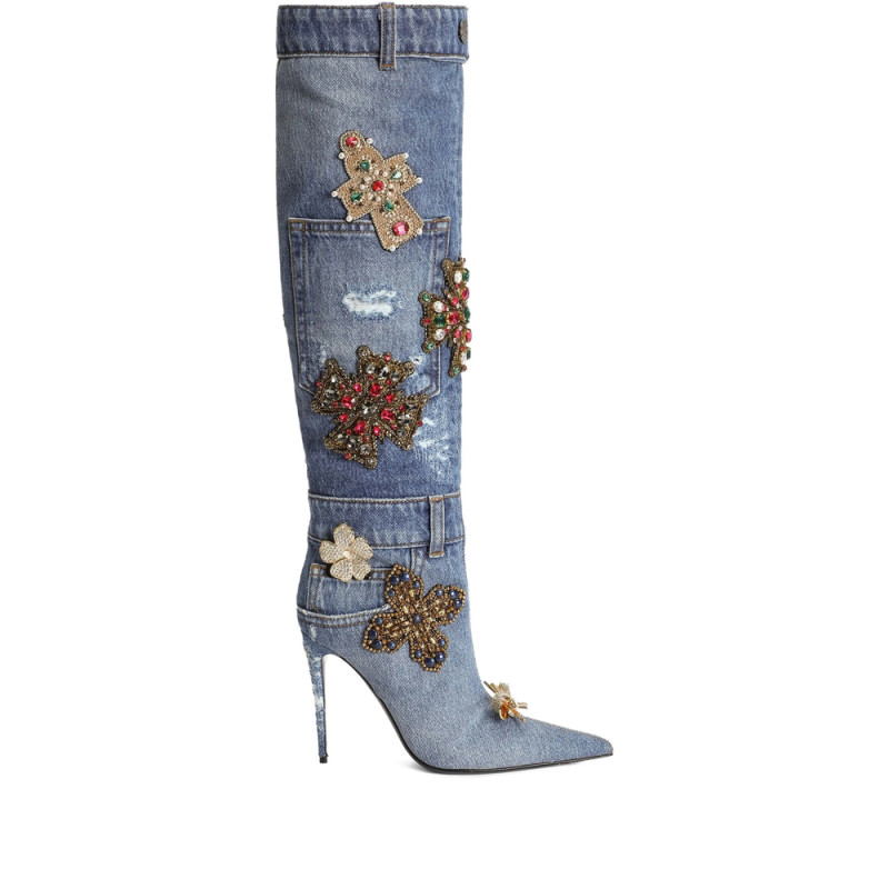 Dolce & Gabbana 105mm Embroidered Patchwork Denim Boots