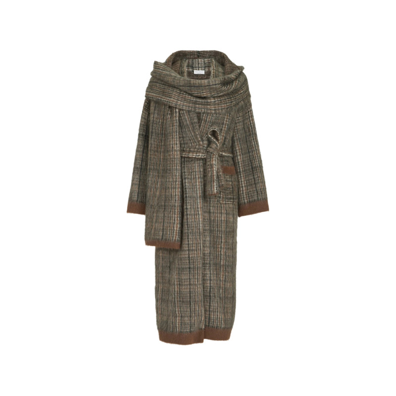 Brunello Cucinelli Mohair And Wool Prince-of-Wales Double-knit Coat With Scarf