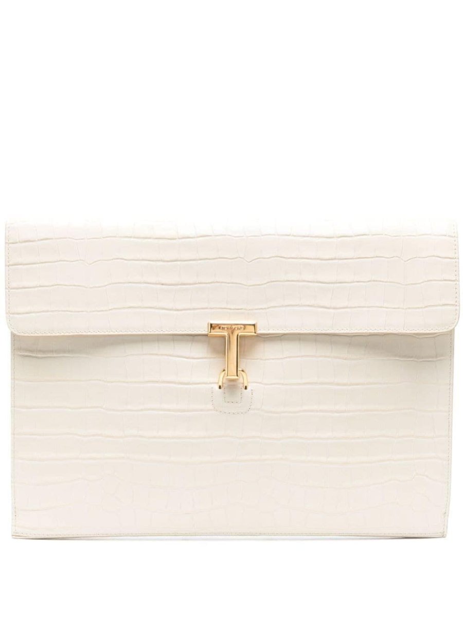 crocodile-embossed leather clutch bag