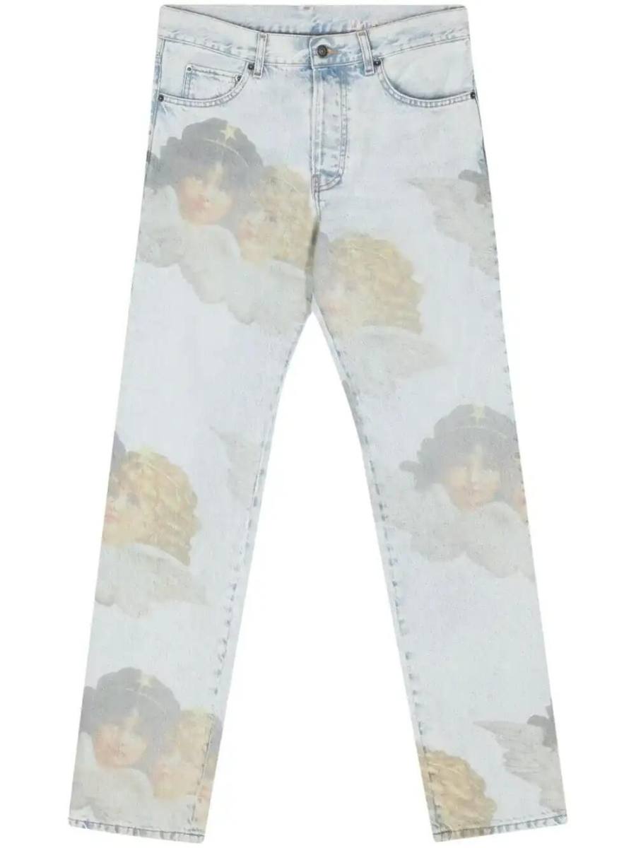 Angel-print mid-rise straight jeans
