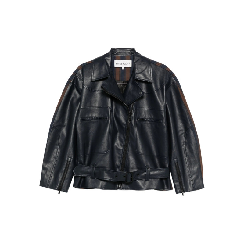 Stine Goya Belted Stripe-detail Biker Jacket