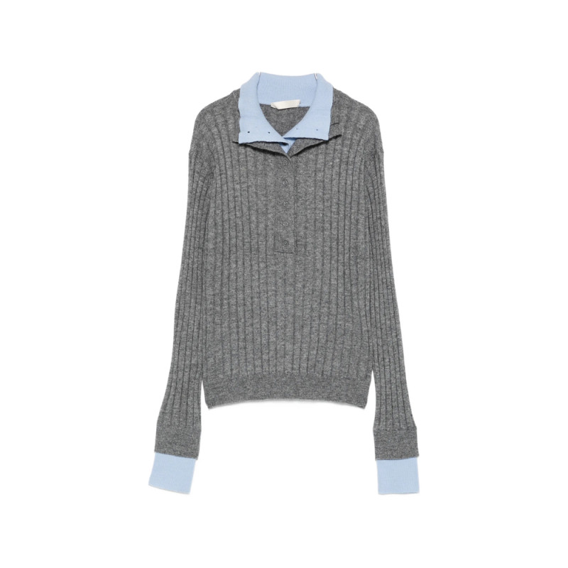 Eleh Ribbed-knit Button-up Polo Top