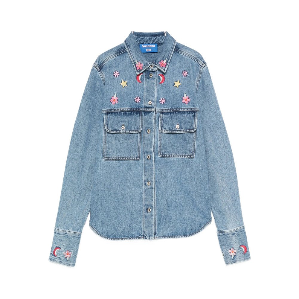 Susanna Blu Embroidered-flowers Denim Shirt