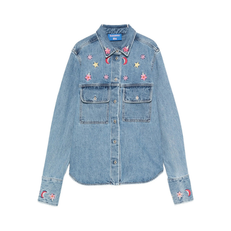 Susanna Blu Embroidered-flowers Denim Shirt