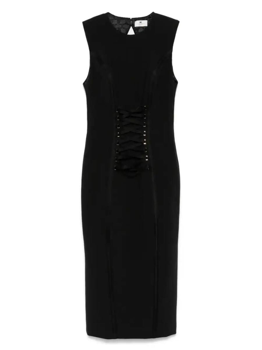 crossover-lace crepe midi dress