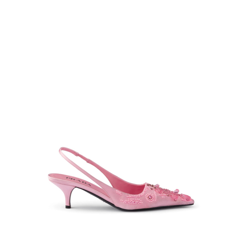 Prada Embroidered Satin Slingback Pumps