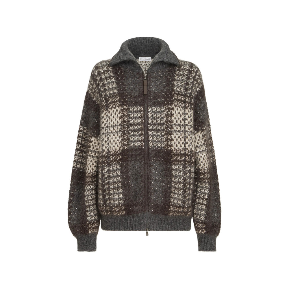 Brunello Cucinelli Dazzling Tartan Double Knit Outerwear Jacket In Mohair, Virgin Wool And Cashmere With Shiny Zipper Pull