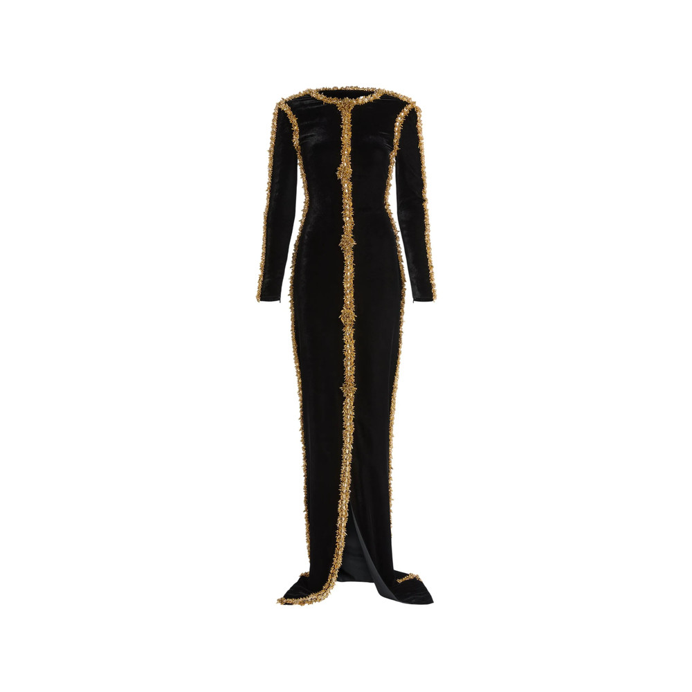 Balmain Long Velvet Dress With Embroidered Trim