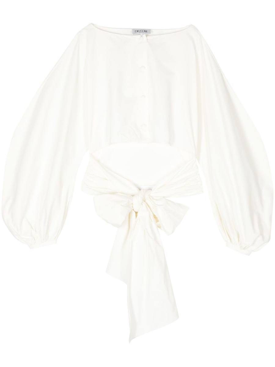 boat-neck tie-waist poplin top