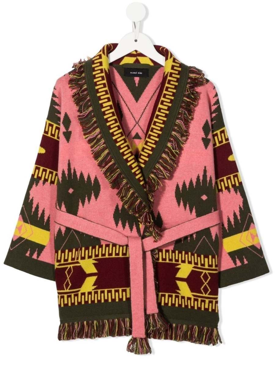 abstract-pattern belted cardigan
