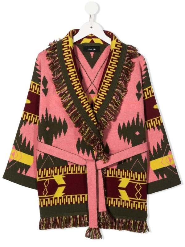 abstract-pattern belted cardigan