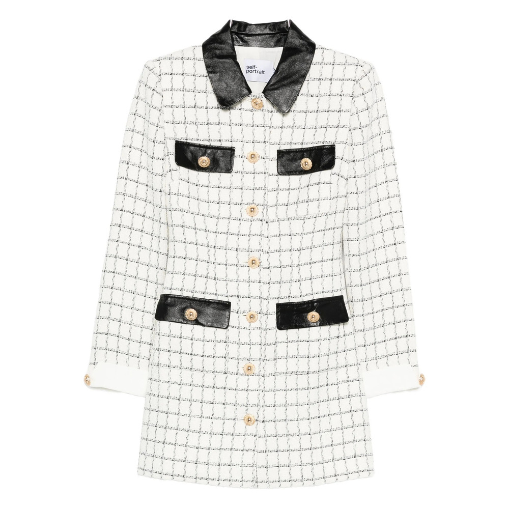 Self-portrait Checked Leather-trimmed Mini Dress