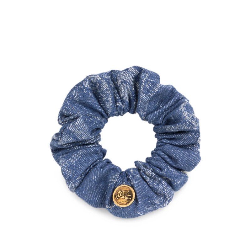 Etro Cotton And Linen Jacquard Denim Scrunchie With Leafy Motif